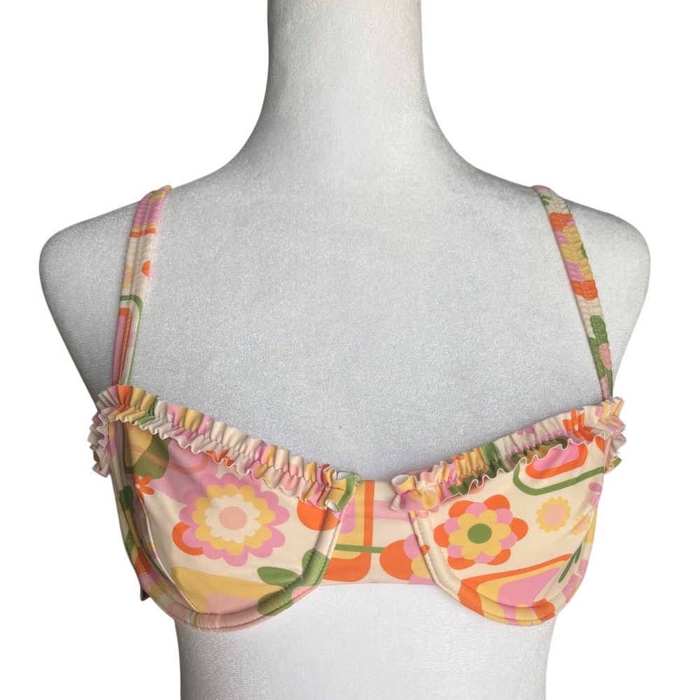 Blackbough Swim Groovy Floral Balconette Bikini Top Ruffle Retro Multi Small